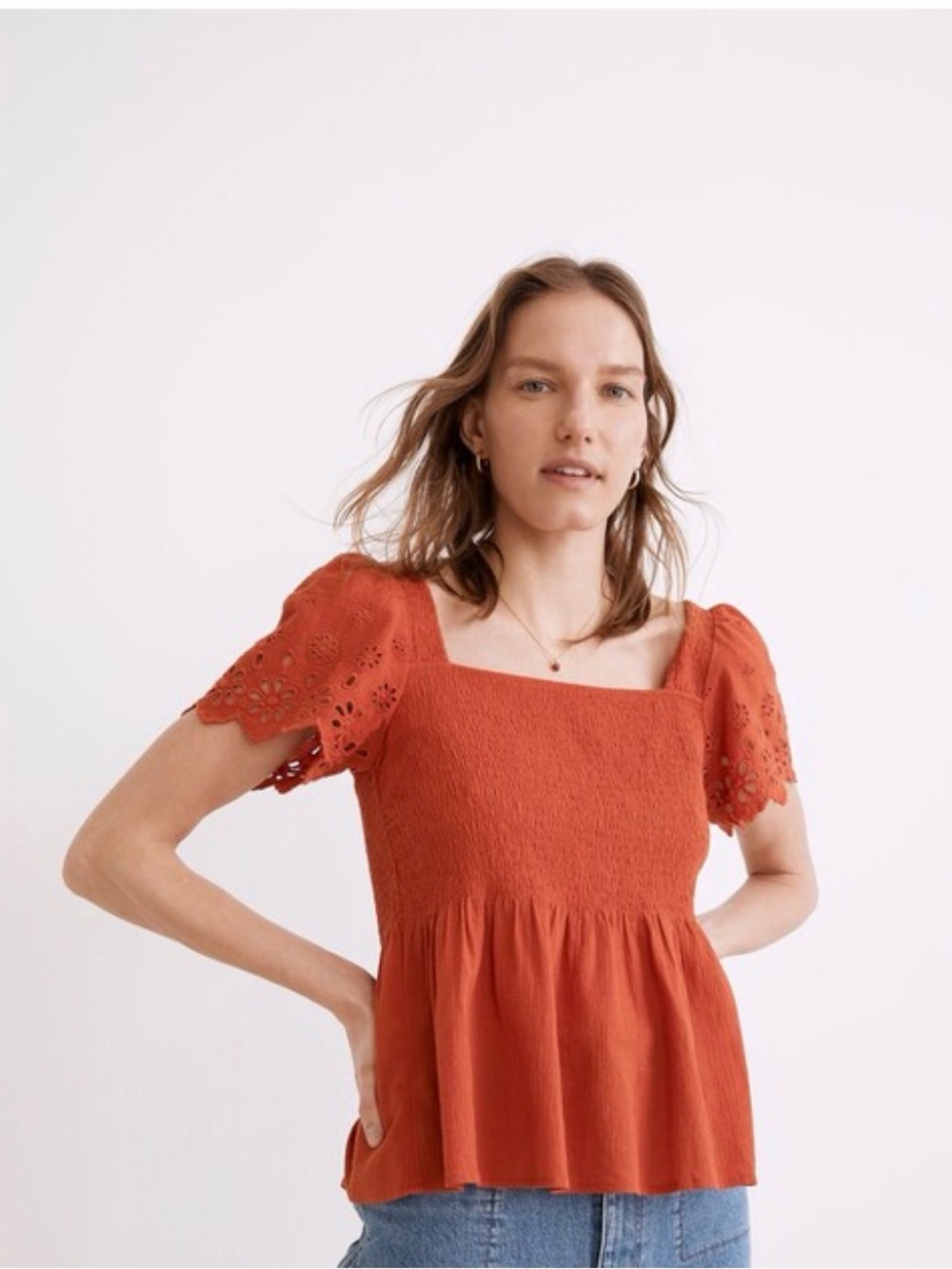 Madewell Smocked Square Neck Red Peplum Top
